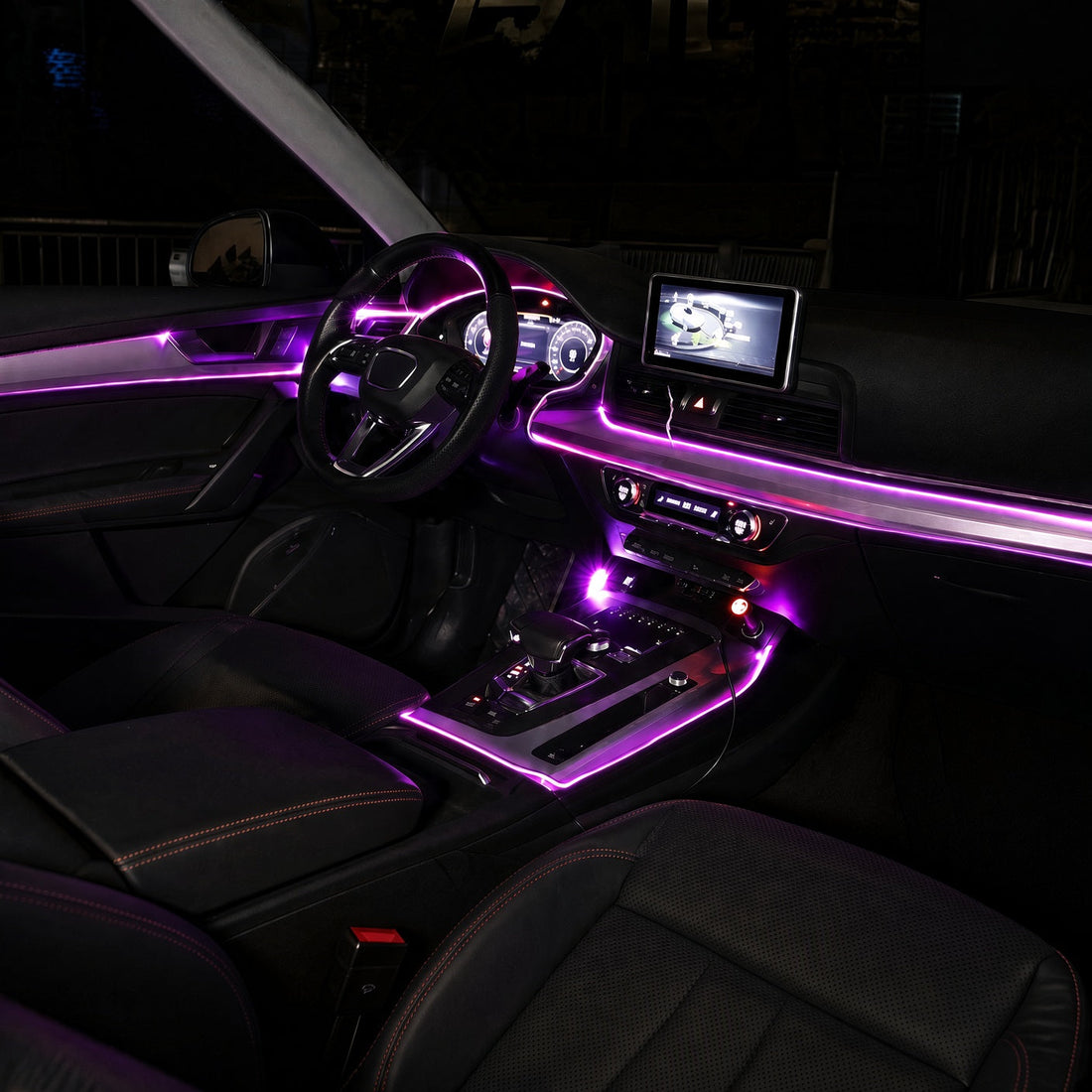 Car cabin lit with fiber optic ambient lighting