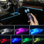 Colour-changing ambient light line on a car dashboard, controlled by remote, with colour options