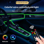Green sound-reactive fibre optic ambient light around a car console, with remote