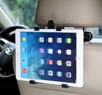 Rear seat tablet holder clamped to a headrest, holding a tablet in landscape