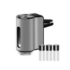 Smart car diffuser in silver, with three essential oil bottles