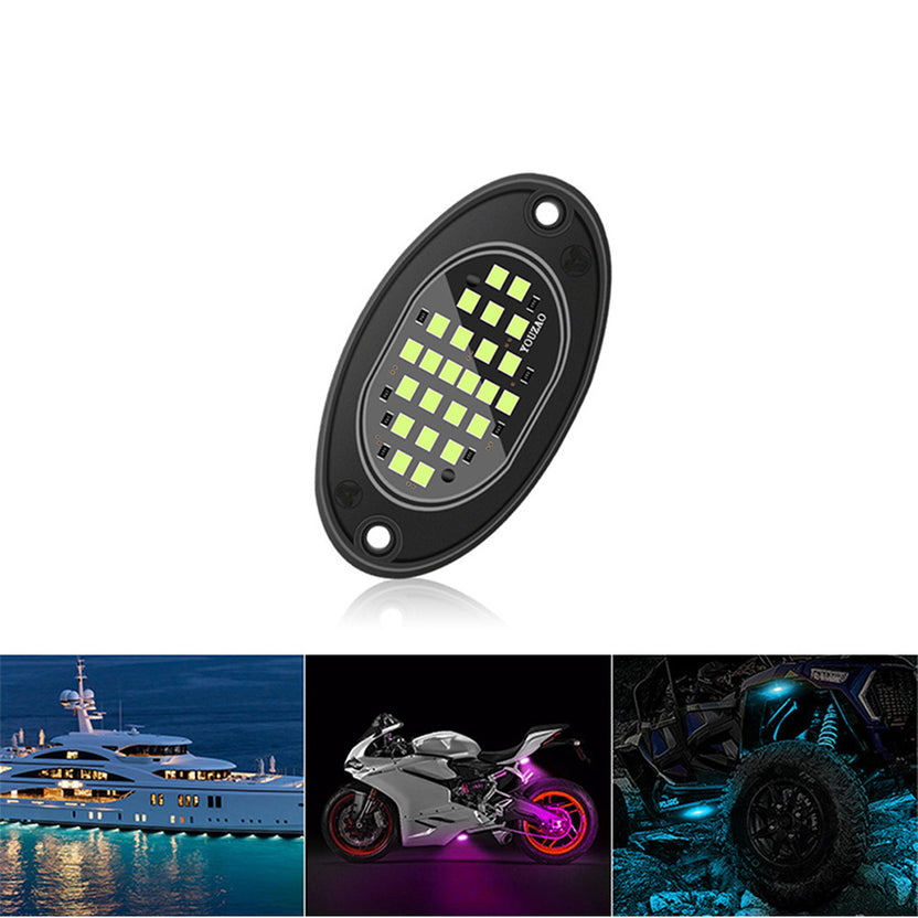 Underbody LED pod light with examples on a boat, motorbike and wheel arch