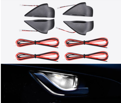 White LED door bowl lights with long red wiring, lit behind an interior handle
