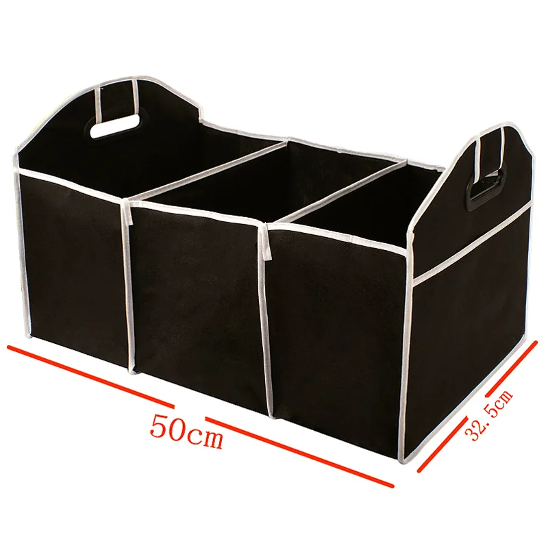 Collapsible trunk organizer holding groceries in a car boot