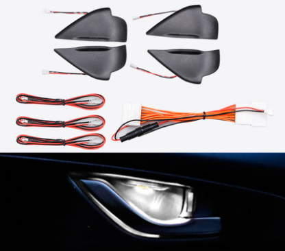 White LED door bowl light kit with wiring, shown lit behind a door handle