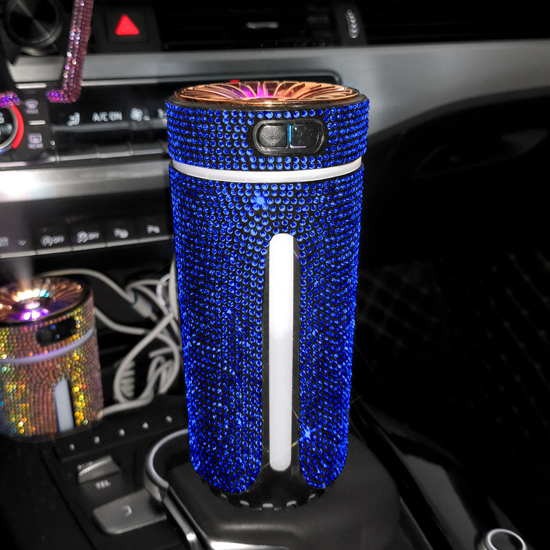 Blue crystal diamond car humidifier in a cup holder