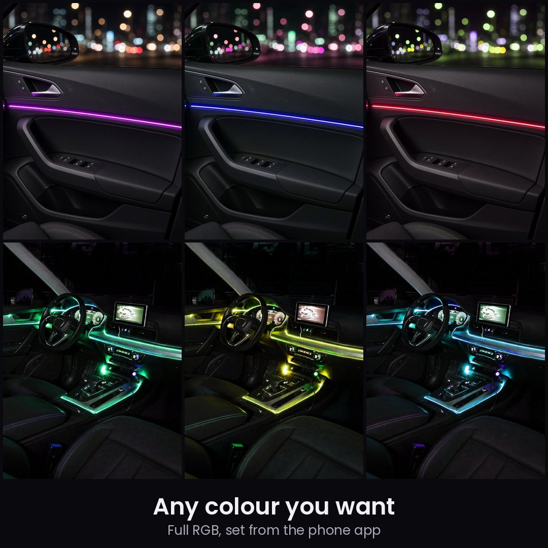 Fiber optic ambient light kit shown in six colours on a car door and dashboard