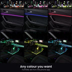 Fiber optic ambient light kit shown in six colours on a car door and dashboard