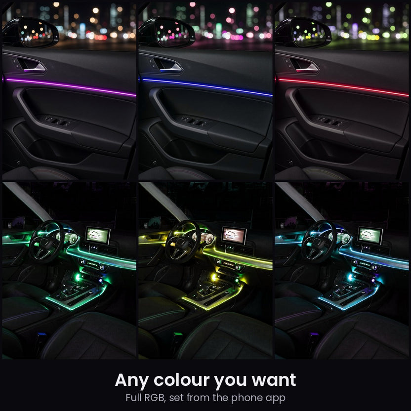 Fiber optic ambient light kit shown in six colours on a car door and dashboard