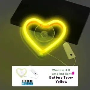 Yellow neon heart window light with suction cup and battery box