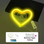 Yellow neon heart window light with suction cup and battery box