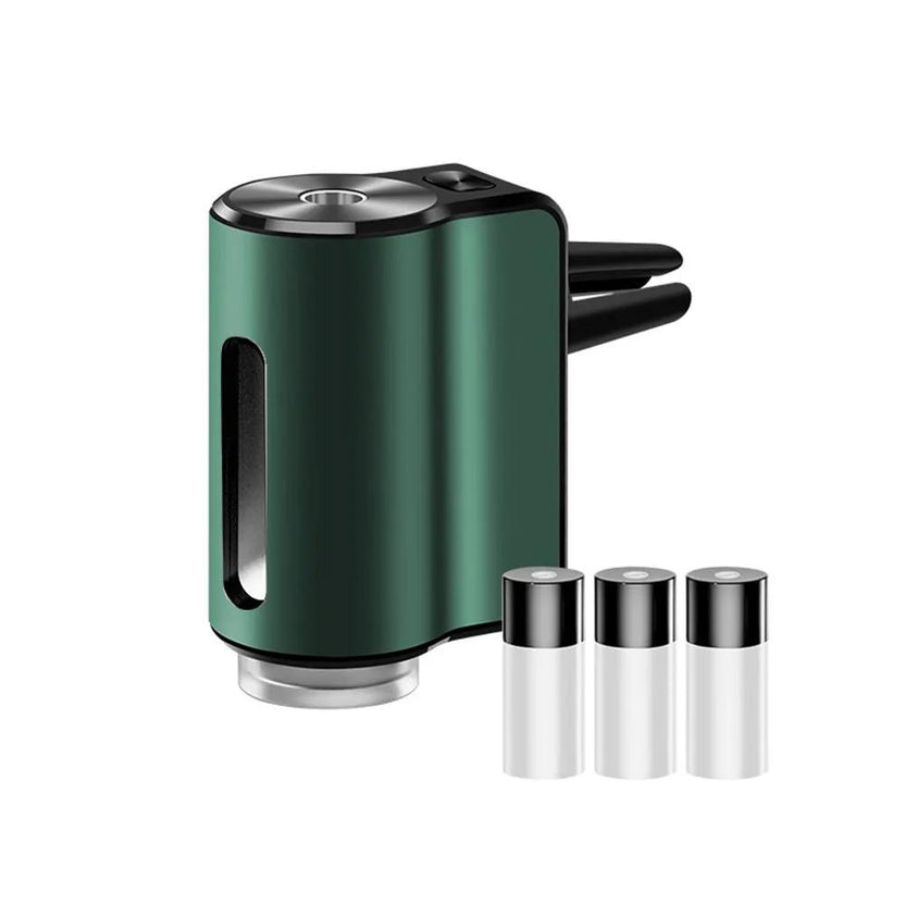 Smart car diffuser in dark green, with three essential oil bottles