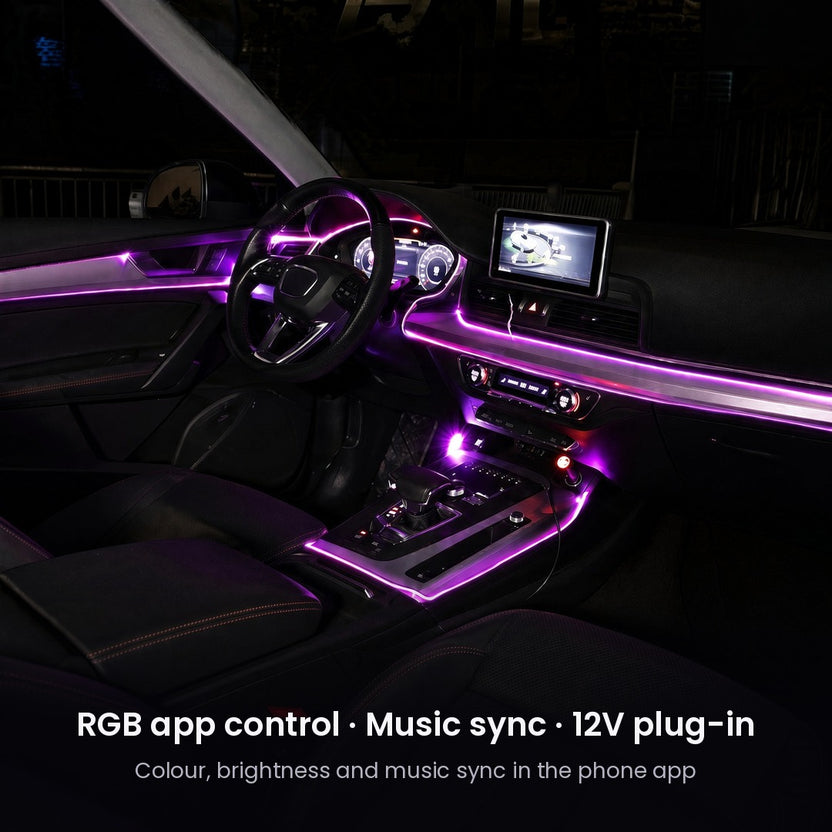 Car interior lit by the fiber optic kit: RGB app control, music sync, 12V plug-in