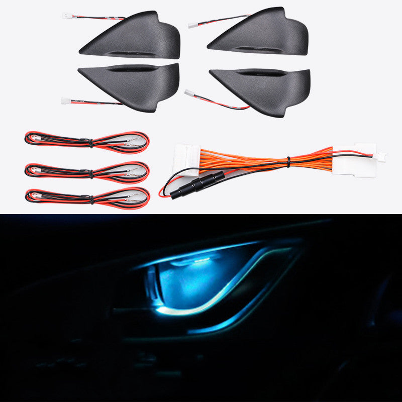 Blue LED door bowl light kit with wiring, shown lit behind a door handle