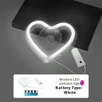 White neon heart window light with suction cup and battery box