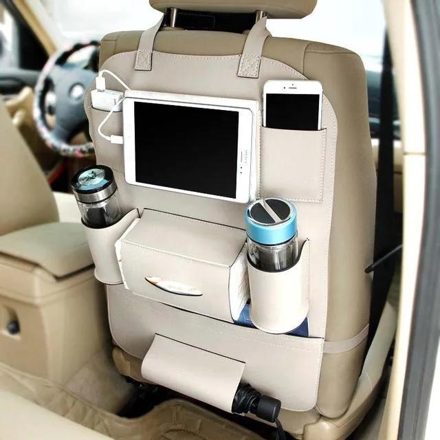 Leather seat organizer in beige
