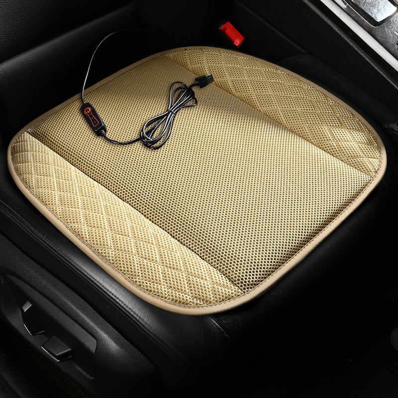 Beige quilted cooling seat cushion with USB fan cable