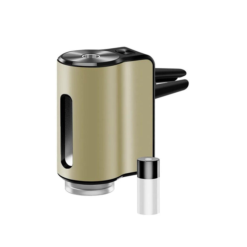 Smart car diffuser in champagne gold, with one essential oil bottle