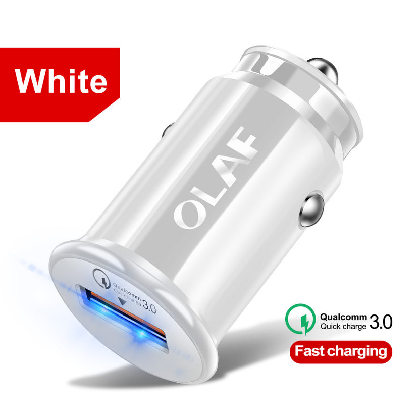 White dual-port QC3.0 fast car charger with a glowing blue USB port