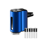 Smart car diffuser in sapphire blue, with three essential oil bottles