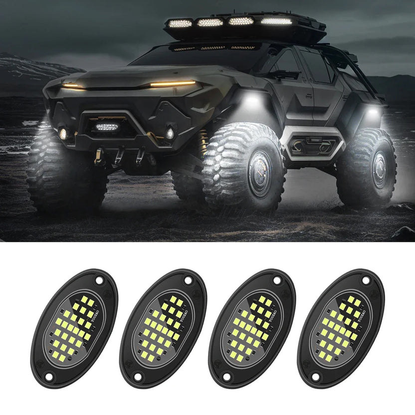 Off-road vehicle with underbody pod lights fitted, and a set of four white LED pods