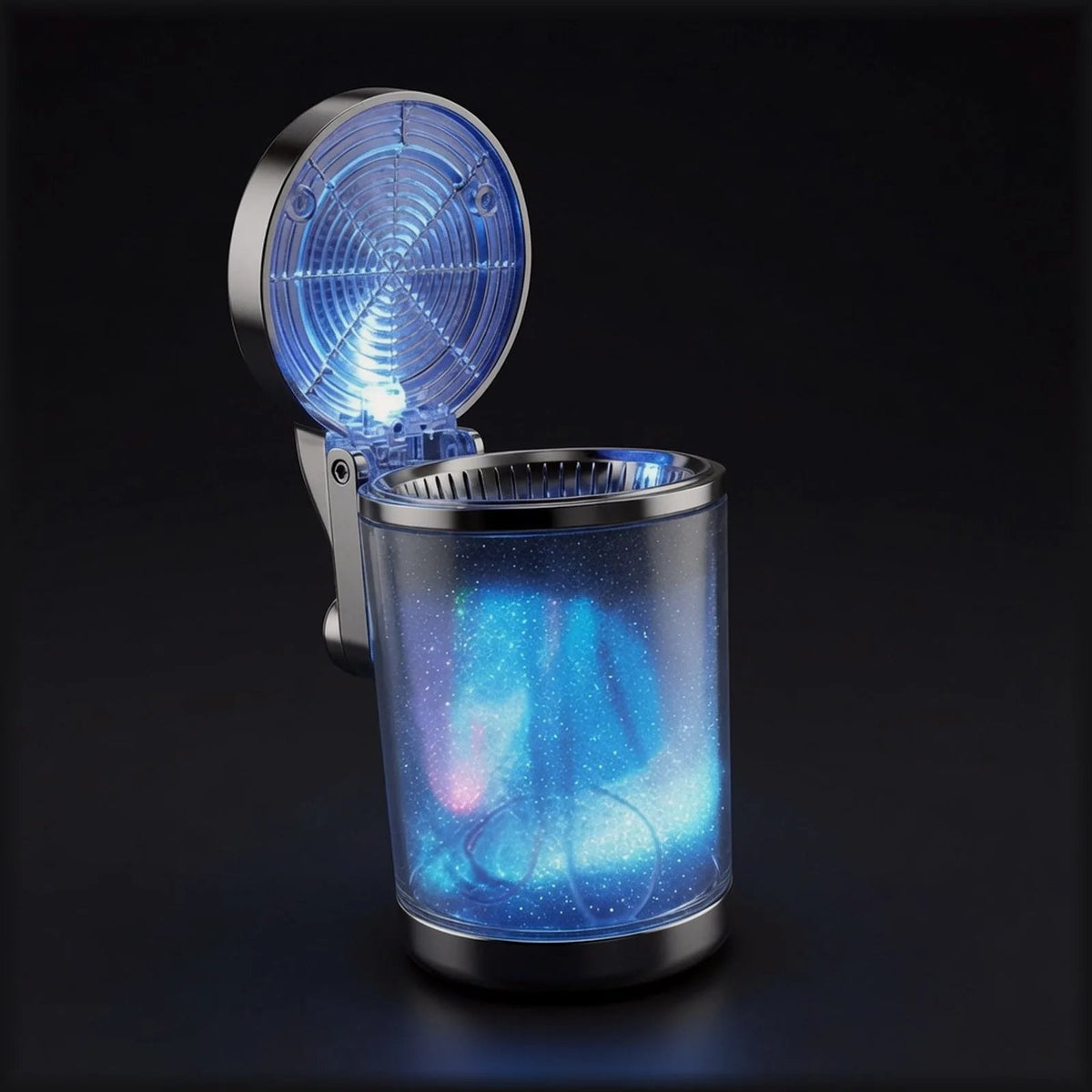 LED ashtray with blue illuminated lid open
