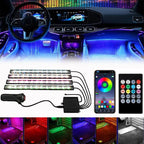 RGB interior LED strip kit installed in a car footwell