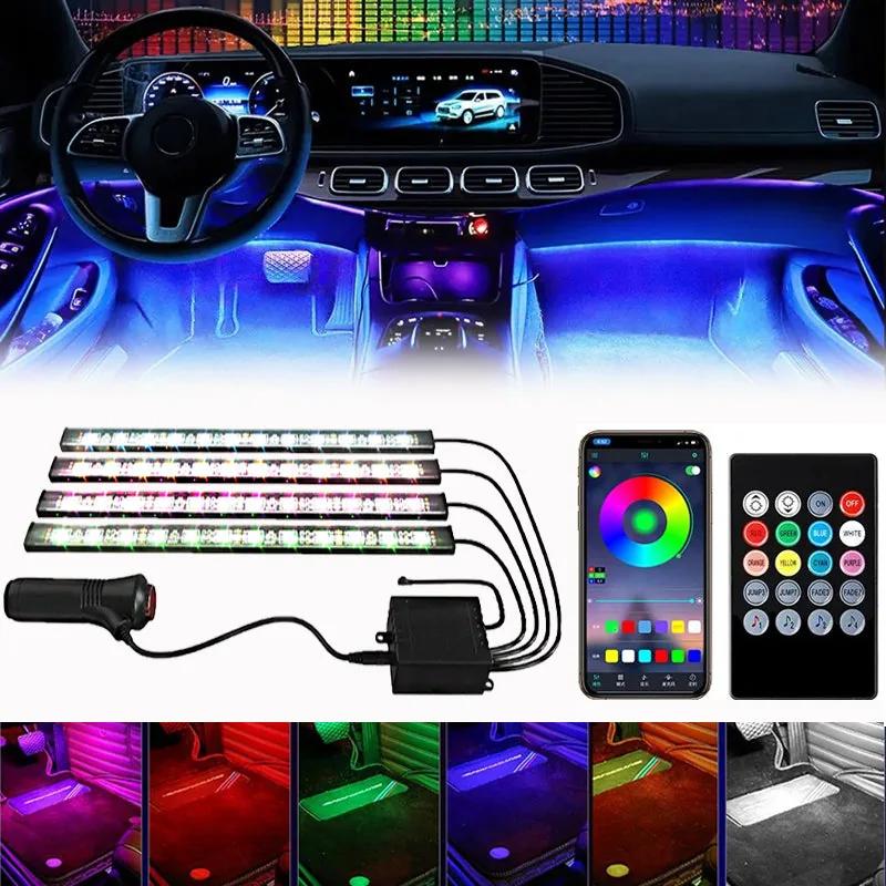 RGB interior LED strip kit installed in a car footwell