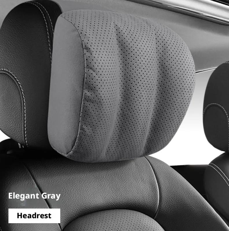 Car headrest cushion in elegant grey fitted to the driver's seat headrest