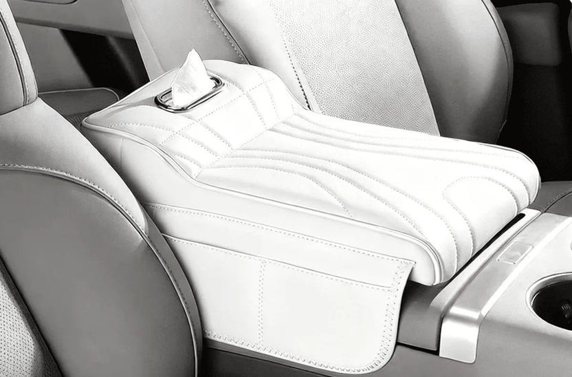 White — console armrest cover with tissue box fitted over a car centre console