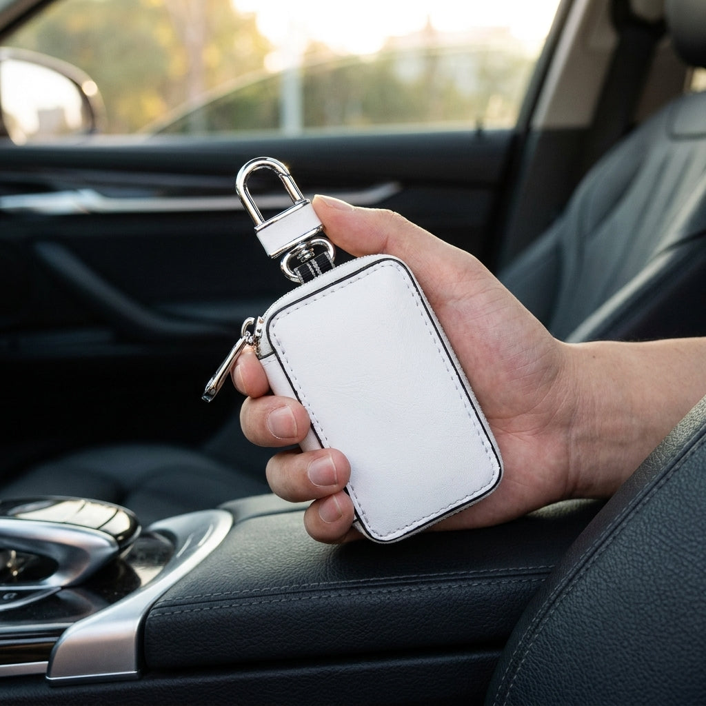 Cowhide leather car key bag holding a key fob