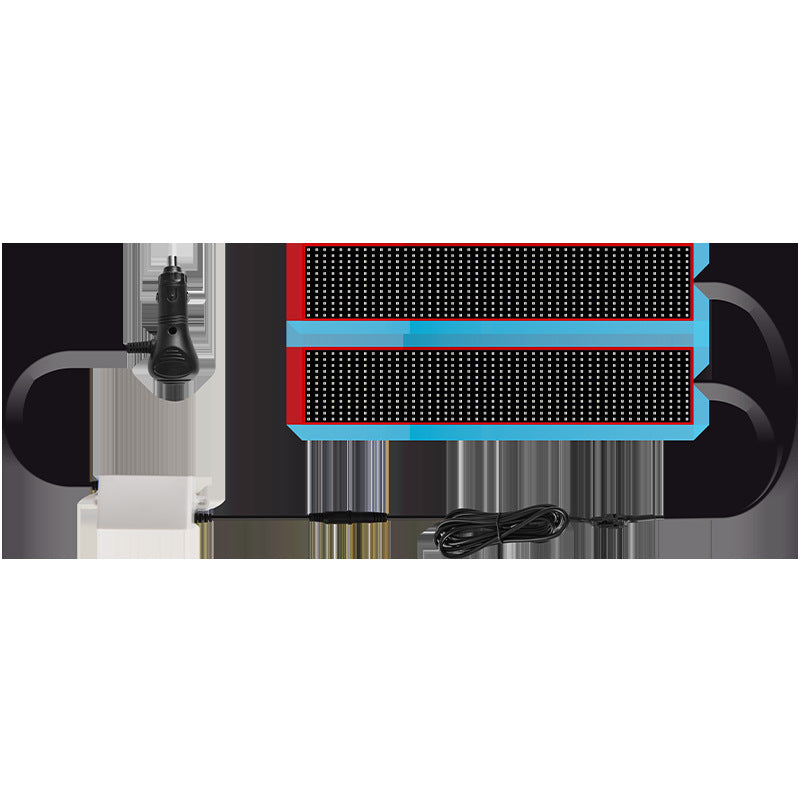 Flexible LED screen panel lit red and blue mounted on a vehicle