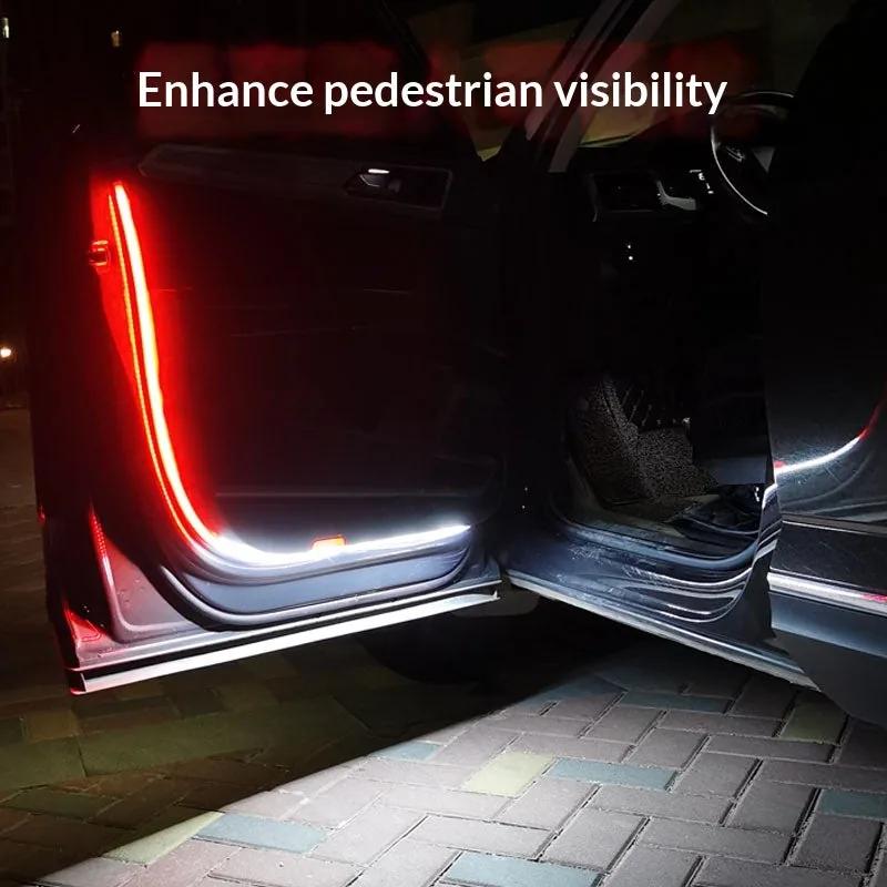 Ambient strip glowing along a car door sill at night