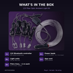 What's in the box: 12V Bluetooth controller, 4 light units, 4 m cuttable fiber and app card