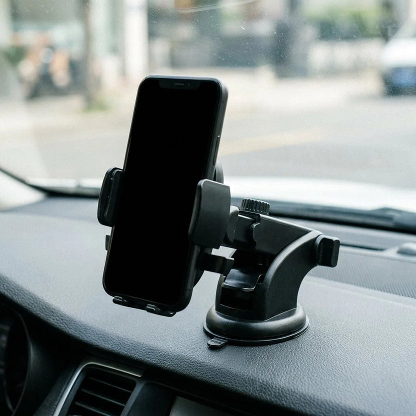 Telescopic car dashboard phone mount holding a phone at eye level