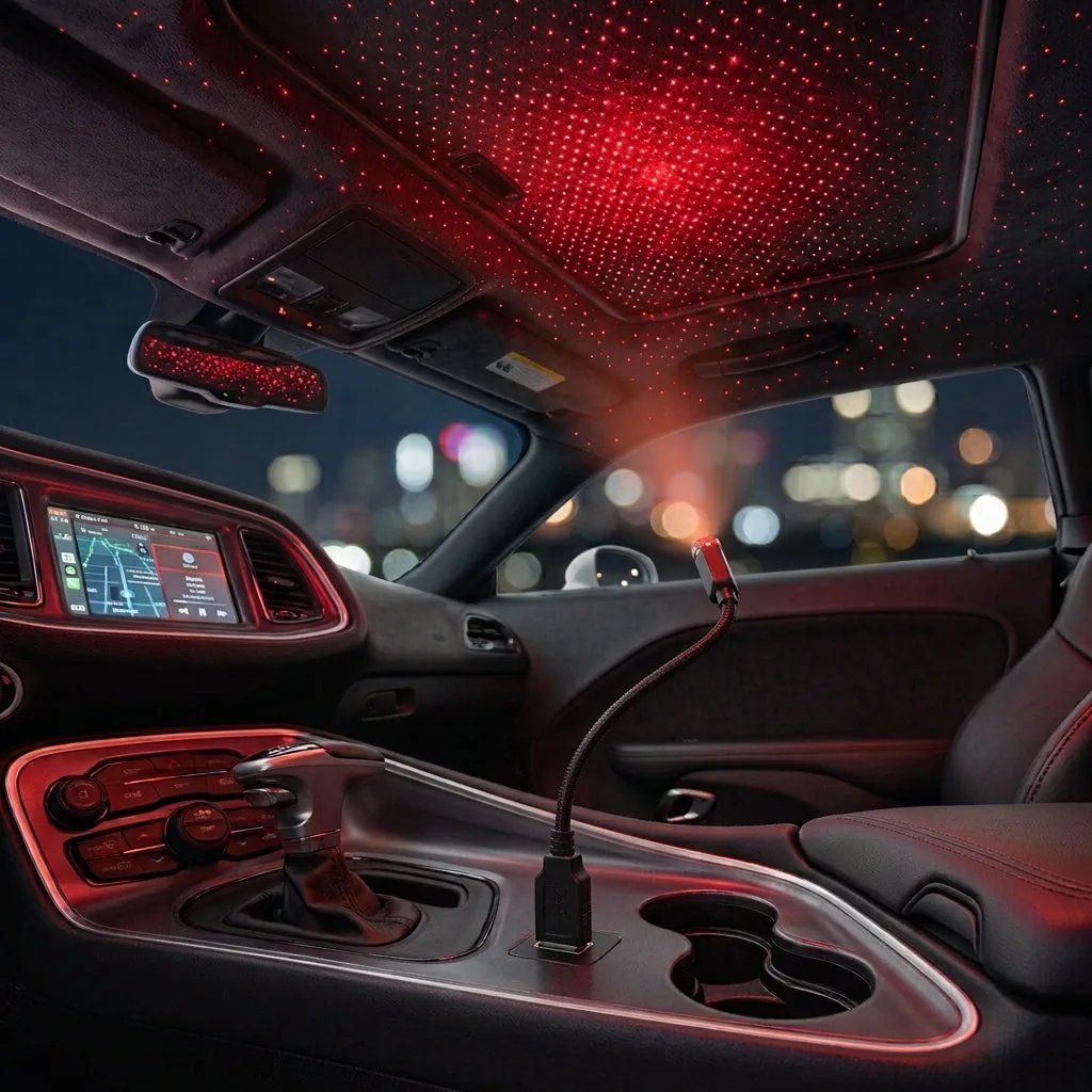 USB star projector plugged into a car console USB port