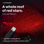 USB star projector filling a car roof lining with a red starfield